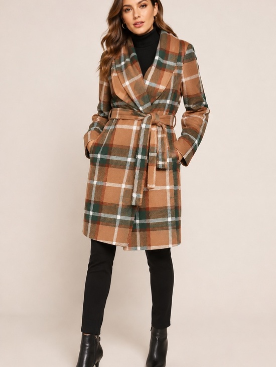 Tahari Sweaters - Tahari Plaid Wrap Coat in Tan and Green